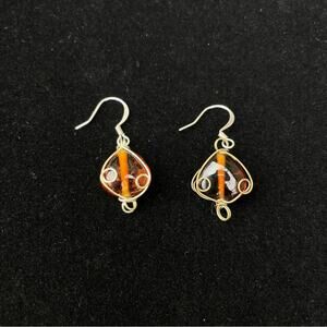 Amber Color Wire Wrap Fish Hook Hanging Earrings